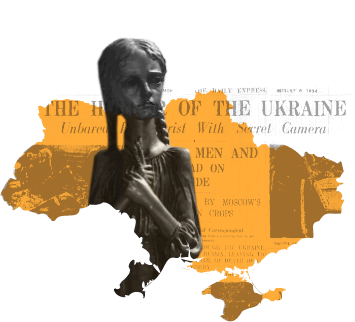 Holodomor Victims Memorial Statue over map of Ukraine