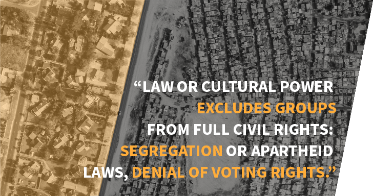 Image with quote “Law or cultural power excludes groups from full civil rights: segregation or apartheid laws, denial of voting rights.”
