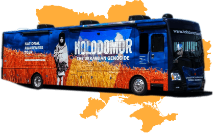 Holodomor Mobile Classroom over map of Ukraine